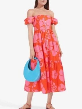 STAUD Dress - Elio Dress in Red Hibiscus Off-Shoulder Floral Midi Dress